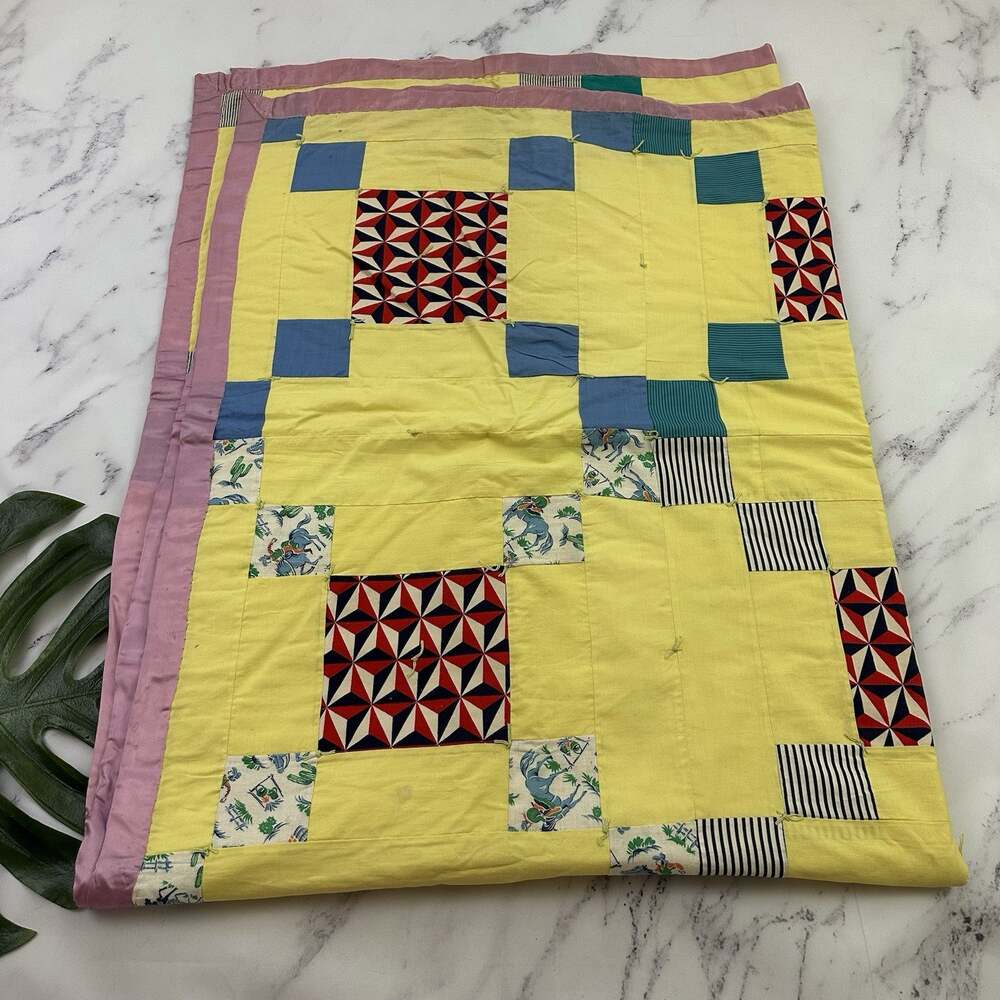 Vintage Handmade Quilt Blanket Yellow Pink Square Blocks 56x78 in Throw Flannel